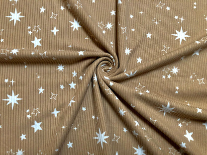 Sand White Stars Poly Rayon Spandex Rib 2X2 Fabric