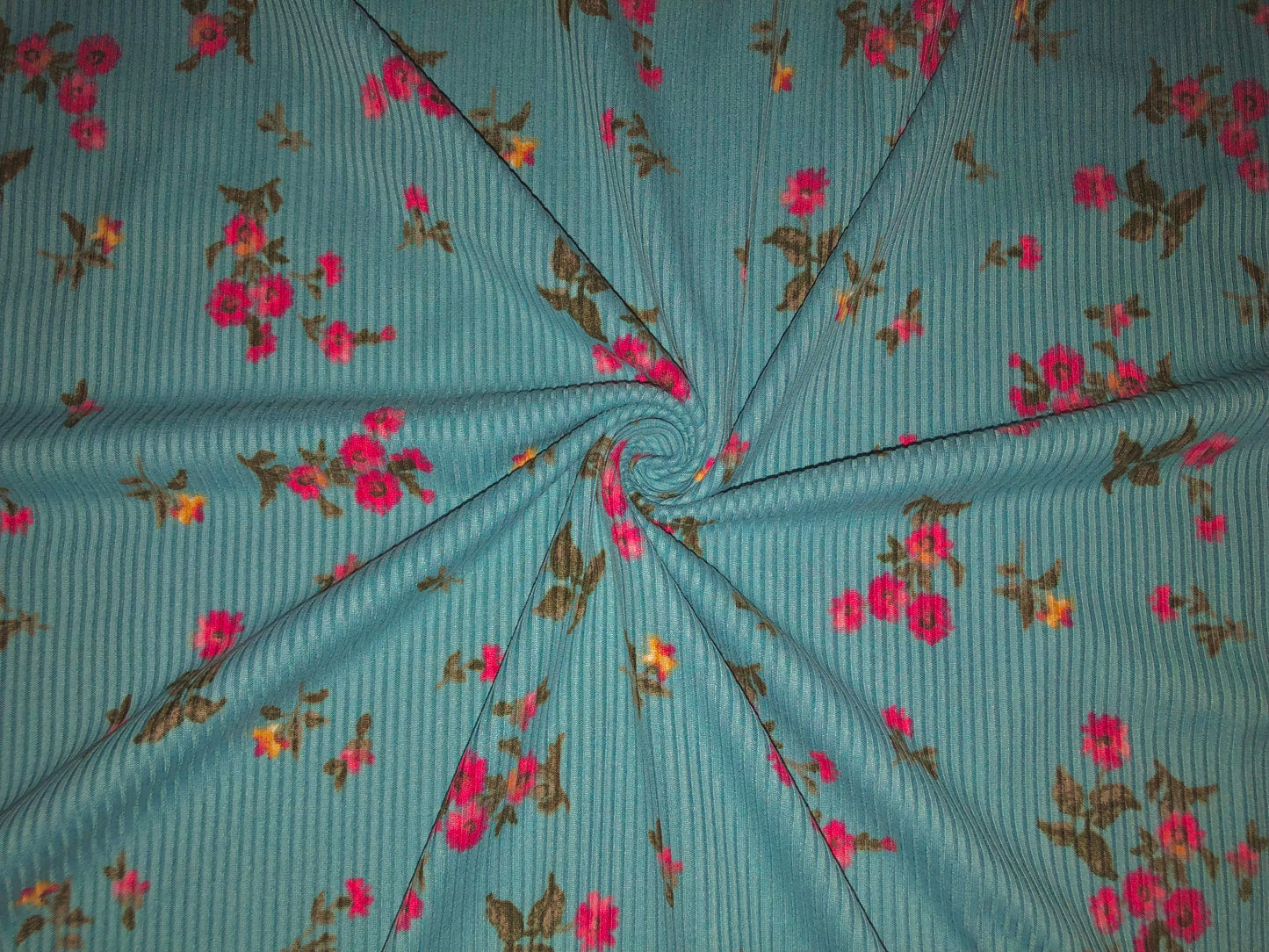 Saphire Magenta Pink Olive Flowers Poly Rayon Spandex Rib 2X2 Fabric