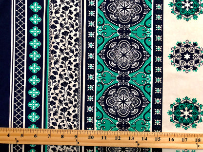 DTY Non Brushed Fabric-Ivory Green Navy Blue Bandana-DTYNBPR488-Sold by the Yard-Spandex Fabric