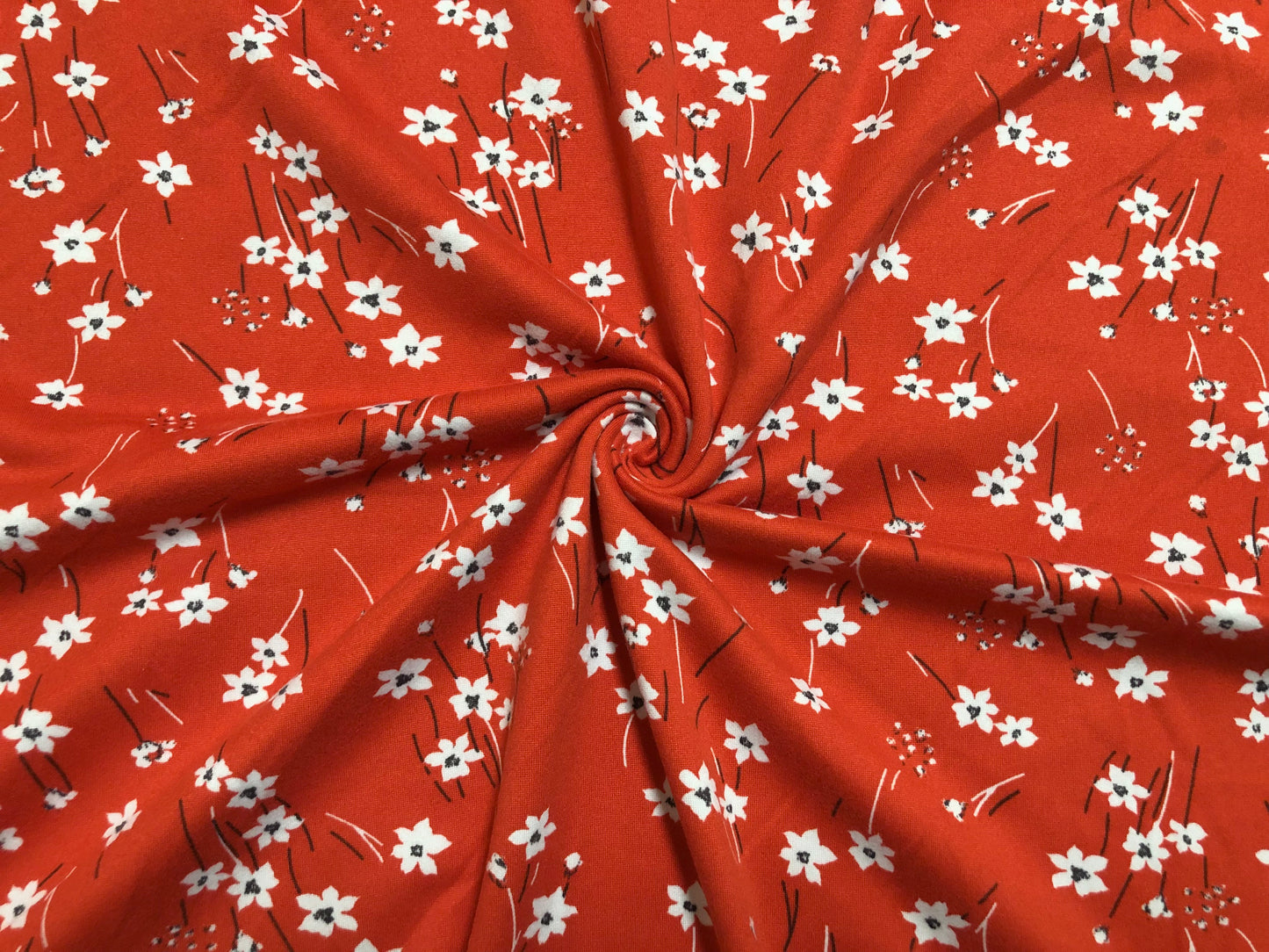 Orange White Black Flowers Print DTY Double Brushed Jersey Fabric