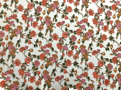 Ivory Red Pink Rust Flowers DTY Double Brushed Jersey Print Fabric