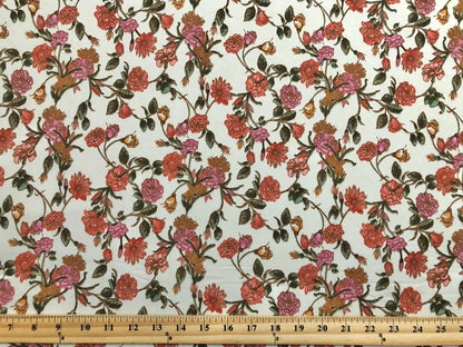 Ivory Red Pink Rust Flowers DTY Double Brushed Jersey Print Fabric