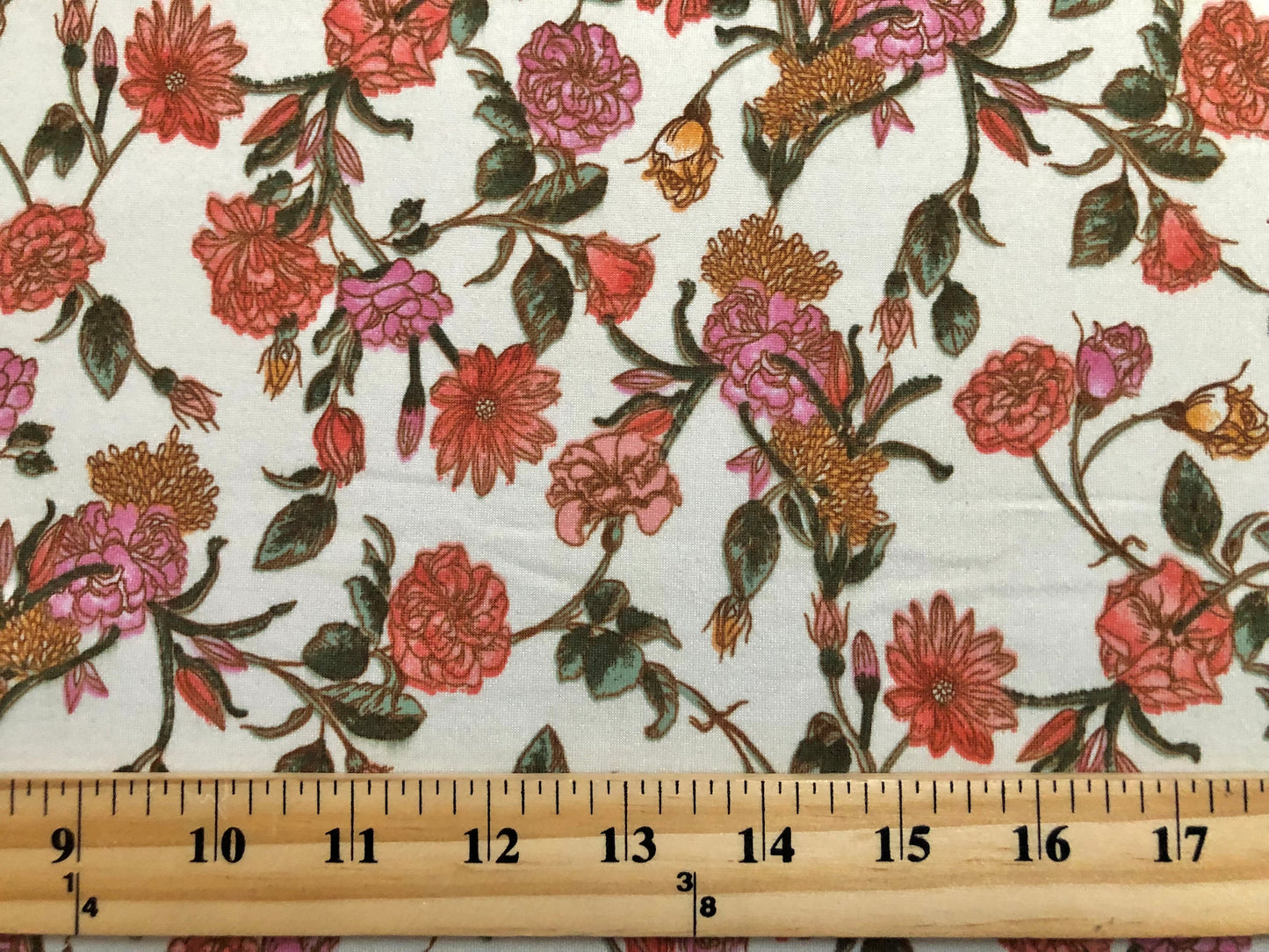 Ivory Red Pink Rust Flowers DTY Double Brushed Jersey Print Fabric