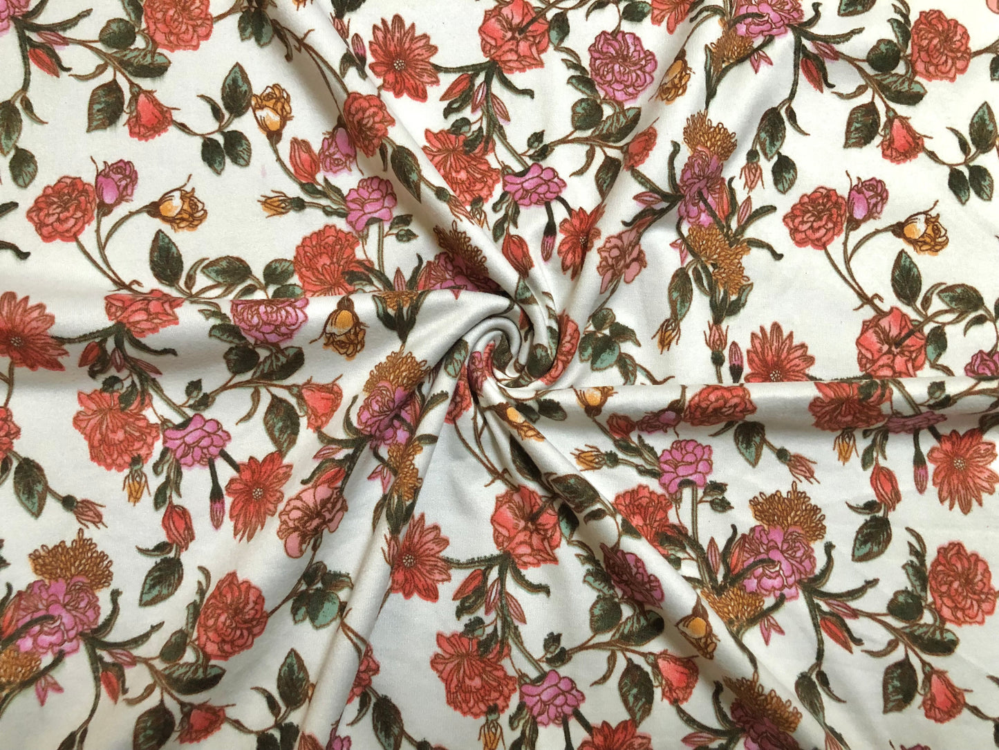 Ivory Red Pink Rust Flowers DTY Double Brushed Jersey Print Fabric