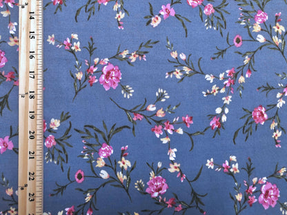 Indigo Purple Yellow Flowers DTY Double Brushed Jersey Print Fabric