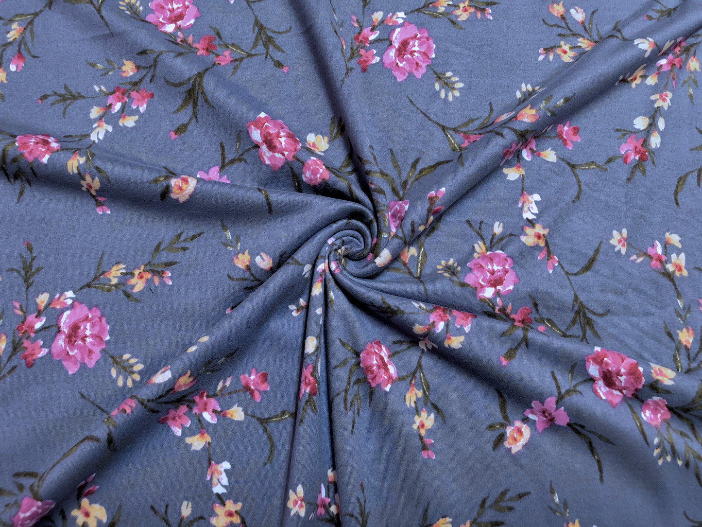 Indigo Purple Yellow Flowers DTY Double Brushed Jersey Print Fabric