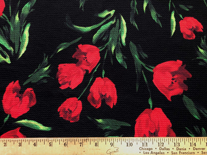 Bullet Knit Printed Fabric-Black Red Green Roses-BPR008-Sold by the Yard