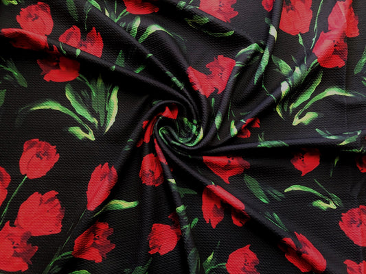 Bullet Knit Printed Fabric-Black Red Green Roses-BPR008-Sold by the Yard