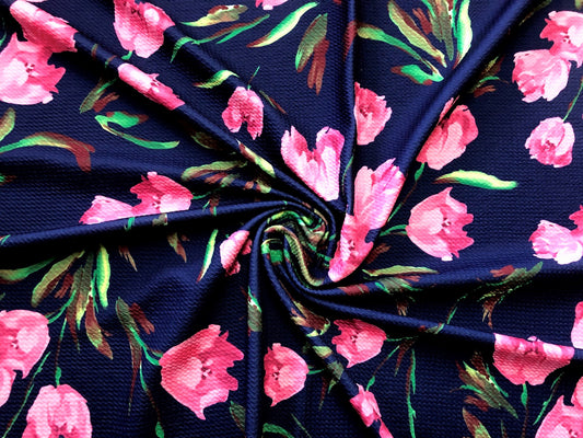 Navy Blue Pink Green Brown Yellow Blooming Roses Digital Bullet Print Fabric