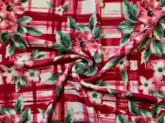 Bullet Knit Printed Fabric-Burgundy Green Flowers-BPR153-Sold by the Yard