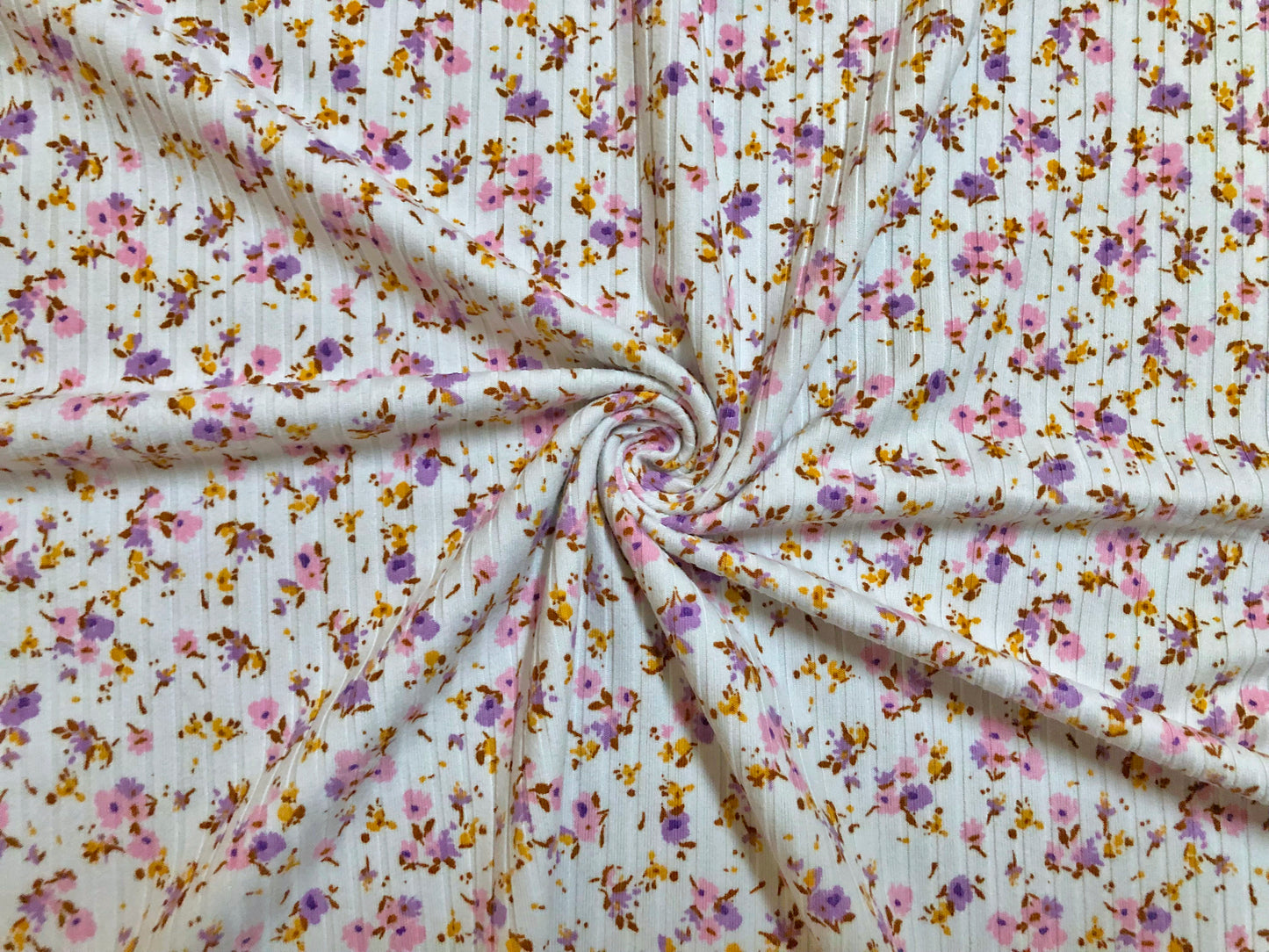 DTY Brushed Rib Fabric-Ivory Pink Lavender Mustard 1/4" Flowers-DTYRBPR03-Sold by the Yard-Apparel Fabric