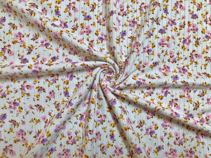 DTY Brushed Rib Fabric-Ivory Pink Lavender Mustard 1/4" Flowers-DTYRBPR03-Sold by the Yard-Apparel Fabric