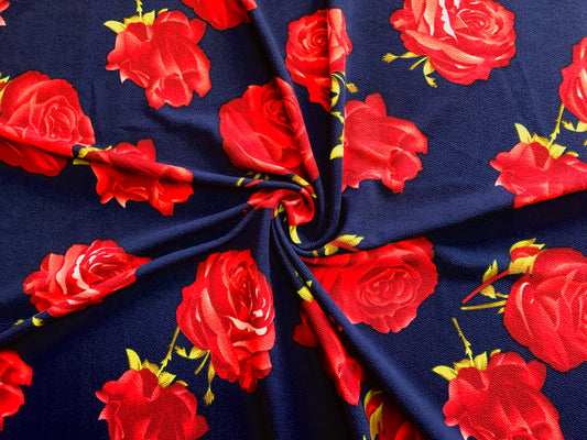 Navy Blue Red Roses Liverpool Print Fabric