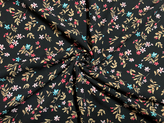 Wool Dobby Printed Fabric-Black Turquoise Coral Pink Mustard 1" Flowers-WDBPR004-Sold by the Yard