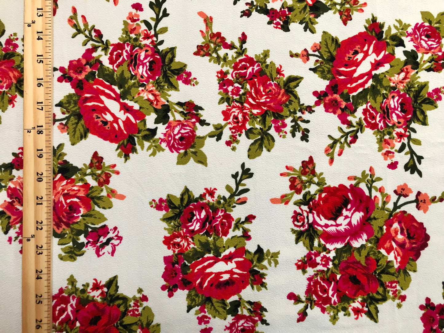 Ivory Red Fuchsia White Olive Buquet of Roses Liverpool Print Fabric