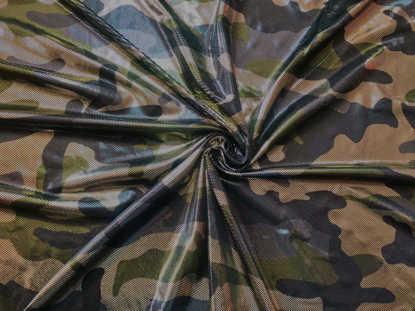 Gold Olive Metallic Camouflage Venezia Spandex Print Fabric with Foil