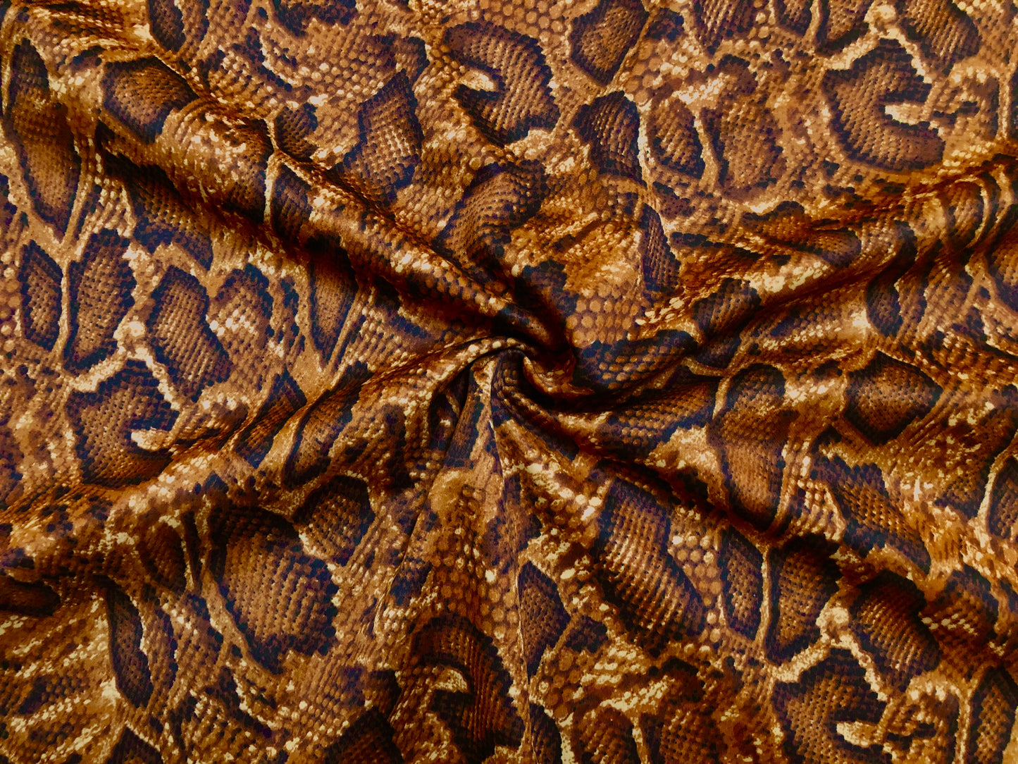 Premium Scuba Techno Knit – Copper & Black Snake Skin Print – 4-Way Stretch, 220 GSM, 56" Wide – Sold by the Yard (SCTPR012)