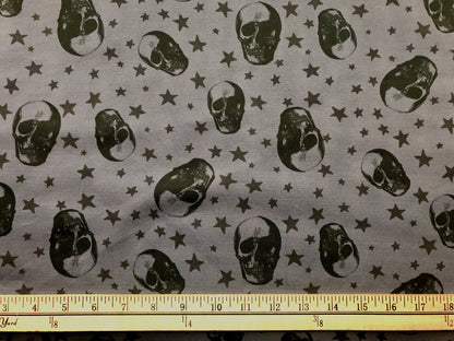 Charcoal Black Stars and Skulls Scuba Techno Fabric