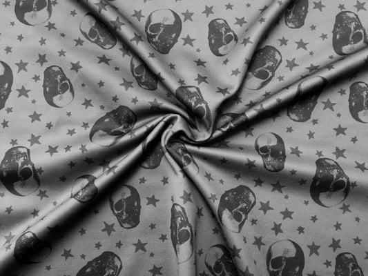 Charcoal Black Stars and Skulls Scuba Techno Fabric