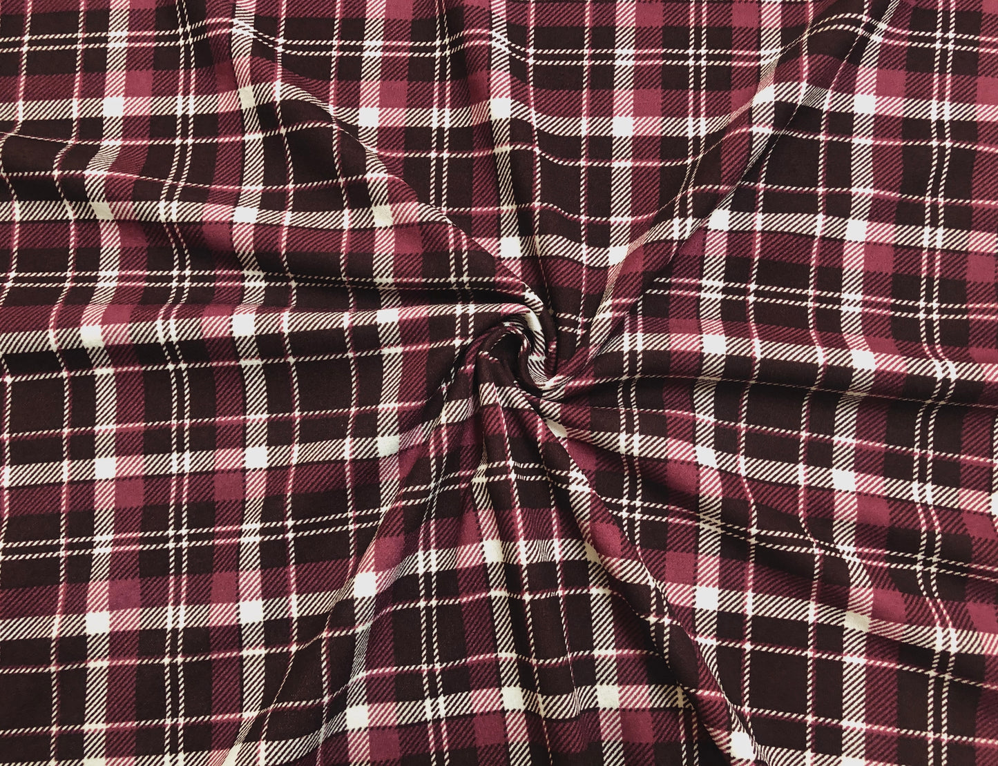 Burgundy Mauve White Plaid Techno Crepe Print Fabric