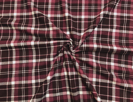 Burgundy Mauve White Plaid Techno Crepe Print Fabric