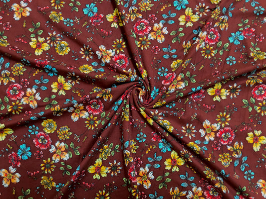 DTY Brushed Fabric-Rust Red Yellow Blue Water Colored Flowers-DTYBPR151-Sold by the Yard-Jersey Fabric