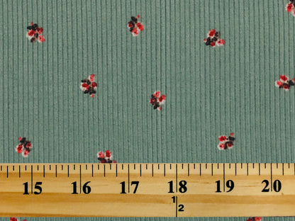 Sage Green Red Pink 1/2" Flowers Poly Rayon Spandex Rib 2X2 Print Fabric