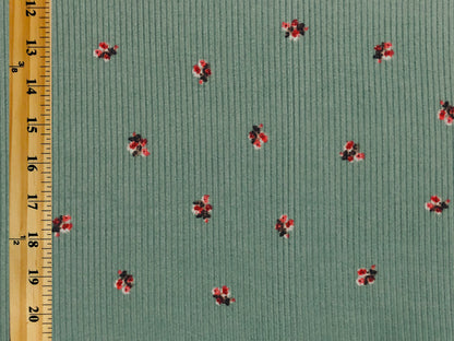 Sage Green Red Pink 1/2" Flowers Poly Rayon Spandex Rib 2X2 Print Fabric