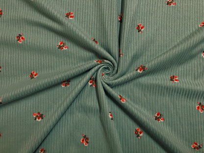 Sage Green Red Pink 1/2" Flowers Poly Rayon Spandex Rib 2X2 Print Fabric