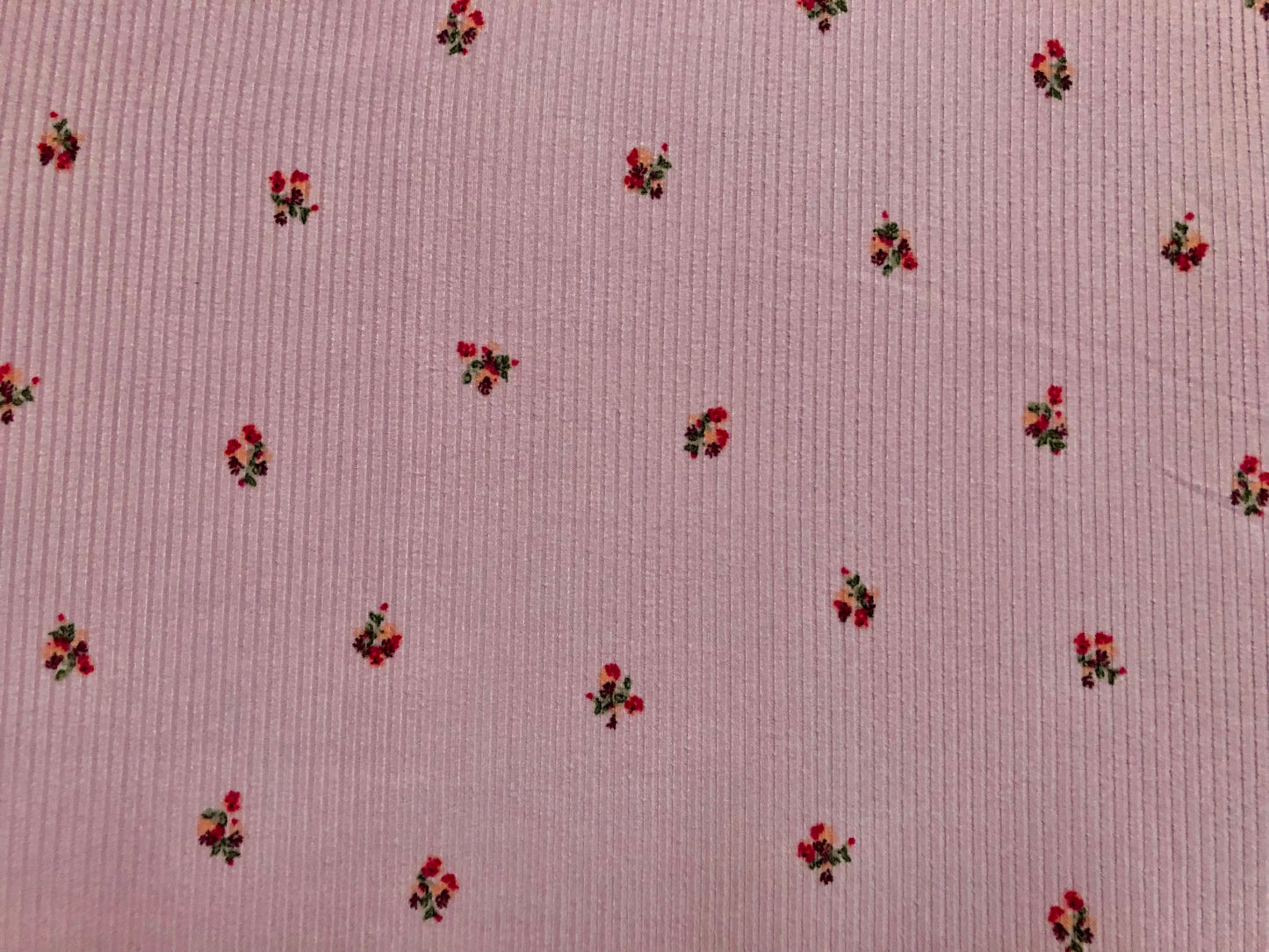 Pink Red Peach Purple 1/2" Flowers Poly Rayon Spandex Rib 2X2 Print Fabric