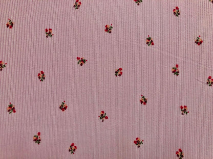 Pink Red Peach Purple 1/2" Flowers Poly Rayon Spandex Rib 2X2 Print Fabric