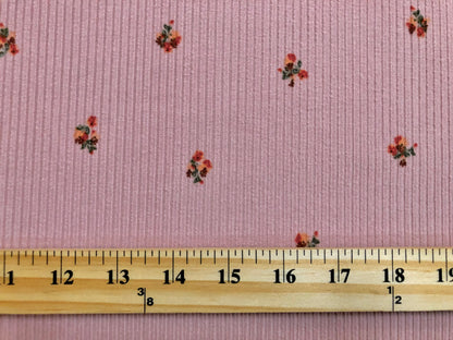 Pink Red Peach Purple 1/2" Flowers Poly Rayon Spandex Rib 2X2 Print Fabric