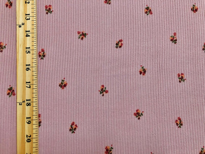 Pink Red Peach Purple 1/2" Flowers Poly Rayon Spandex Rib 2X2 Print Fabric