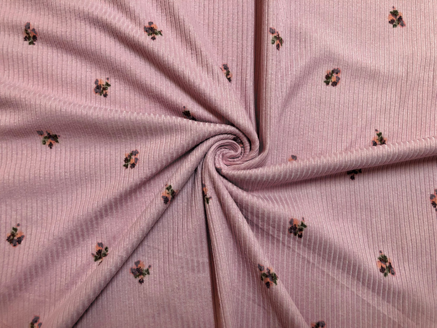 Pink Red Peach Purple 1/2" Flowers Poly Rayon Spandex Rib 2X2 Print Fabric