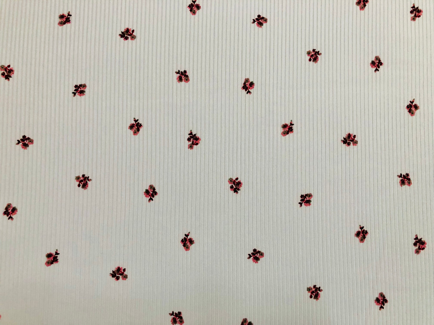 Ivory Pink Maroon 1/2" Flowers Poly Rayon Spandex Rib 2X2 Print Fabric