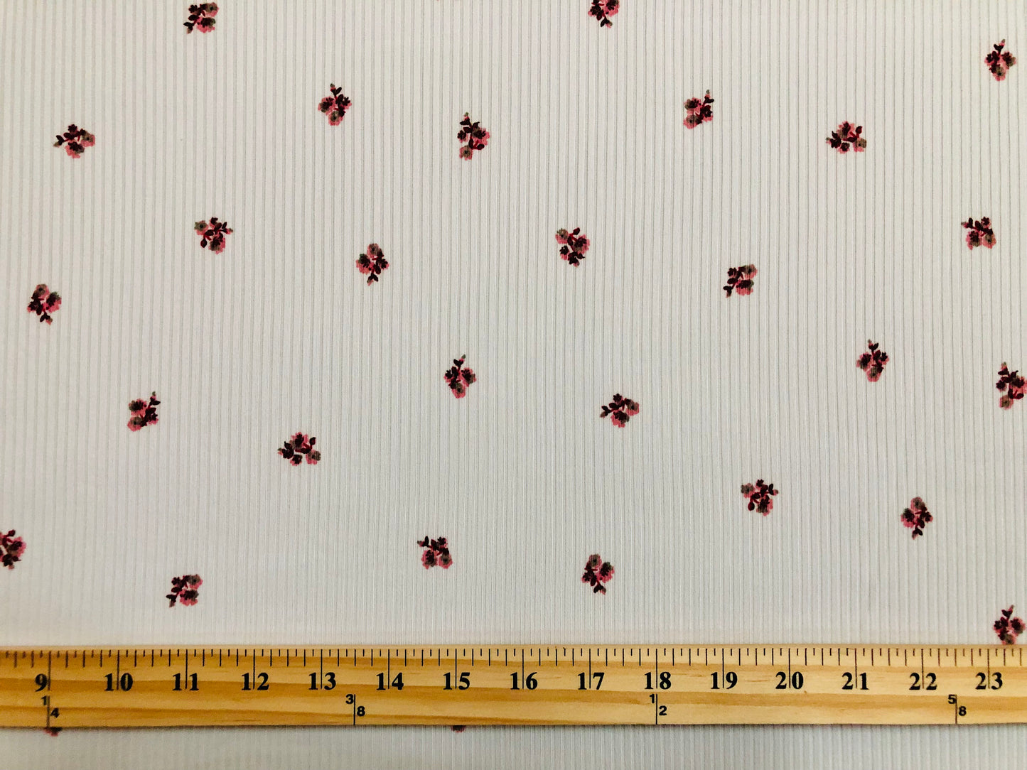 Ivory Pink Maroon 1/2" Flowers Poly Rayon Spandex Rib 2X2 Print Fabric