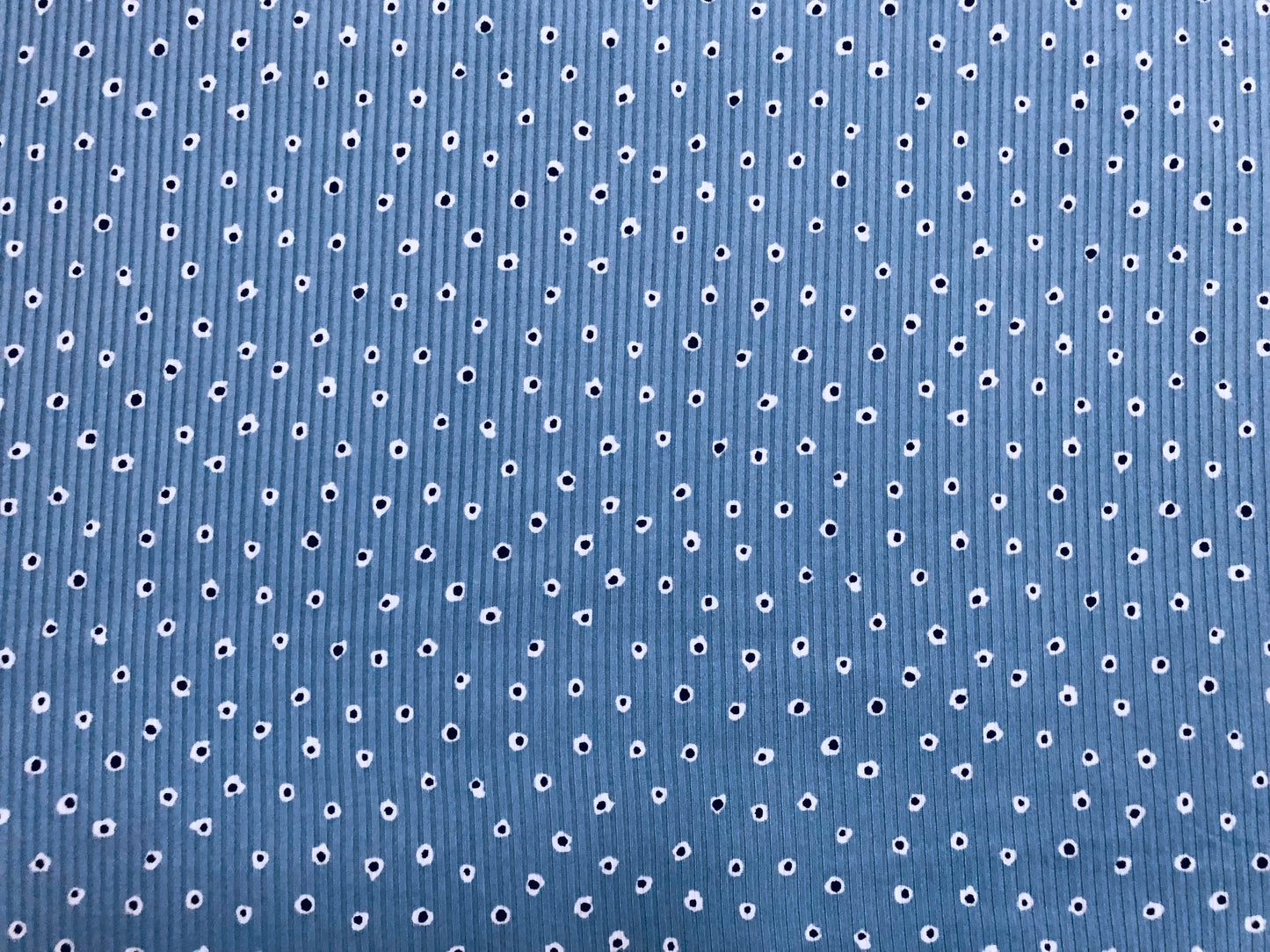 Denim Blue White Black Eyeballs Rayon Spandex Rib 2X2 Print Fabric