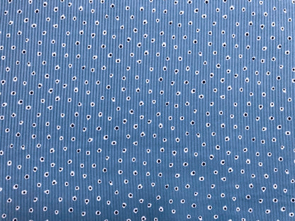 Denim Blue White Black Eyeballs Rayon Spandex Rib 2X2 Print Fabric