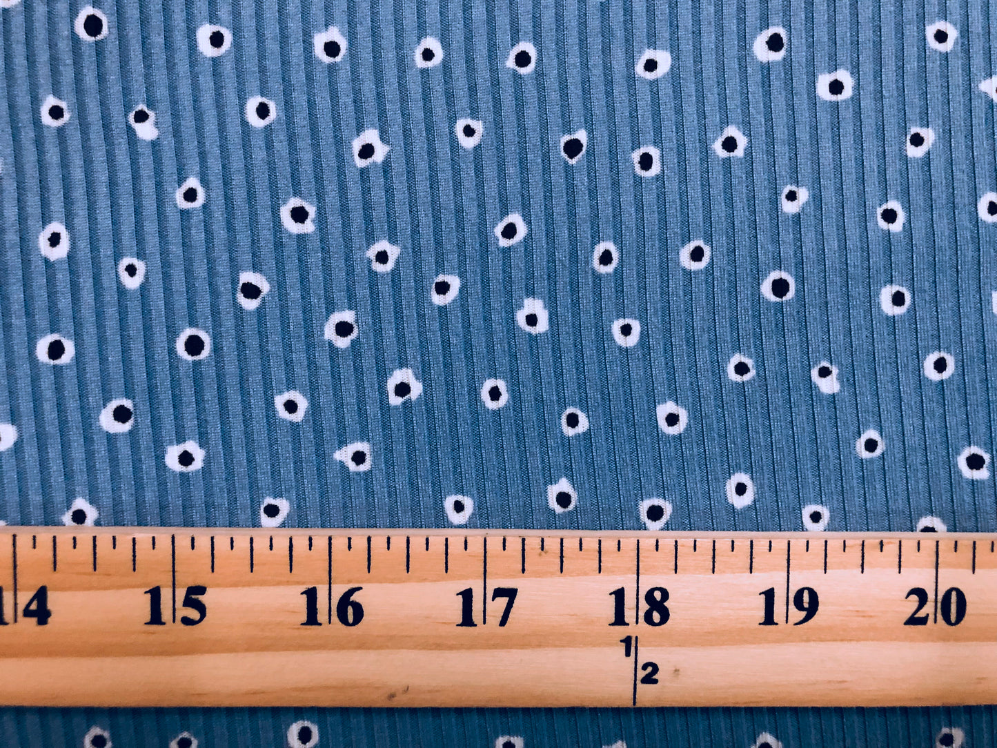 Denim Blue White Black Eyeballs Rayon Spandex Rib 2X2 Print Fabric