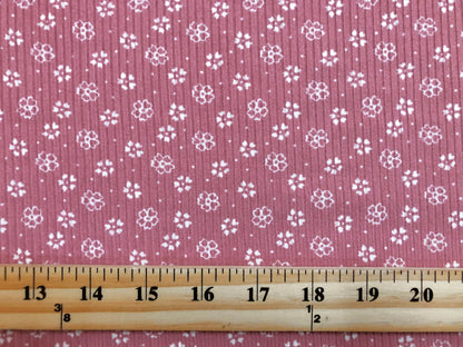 Mauve White Clovers and Flowers Rayon Spandex Rib 2X2 Print Fabric