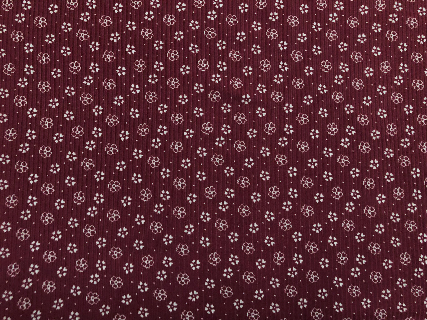 Burgundy White Clovers and Flowers Rayon Spandex Rib 2X2 Print Fabric