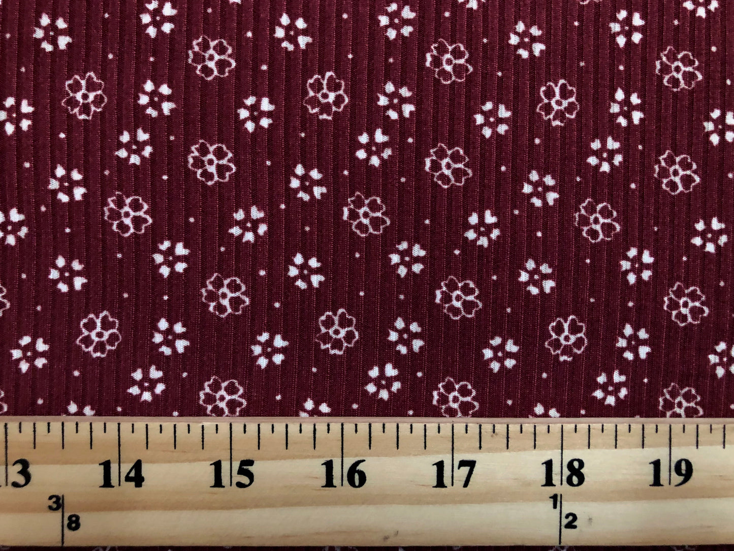 Burgundy White Clovers and Flowers Rayon Spandex Rib 2X2 Print Fabric