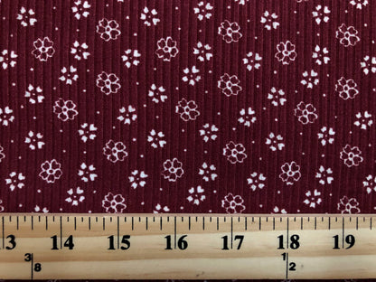 Burgundy White Clovers and Flowers Rayon Spandex Rib 2X2 Print Fabric