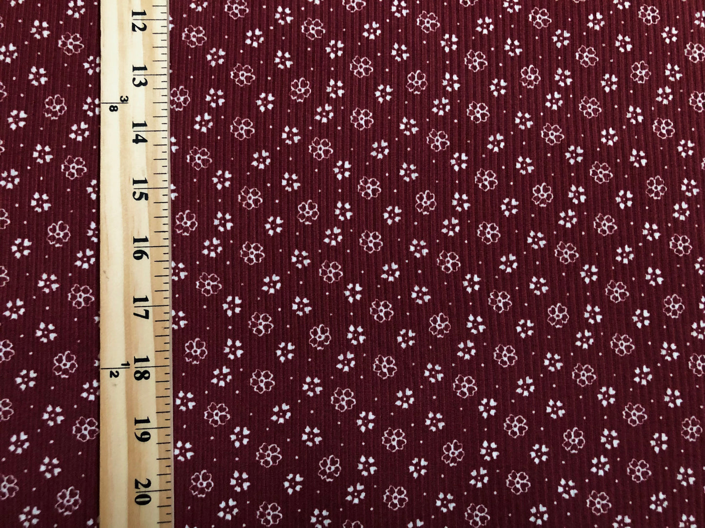 Burgundy White Clovers and Flowers Rayon Spandex Rib 2X2 Print Fabric