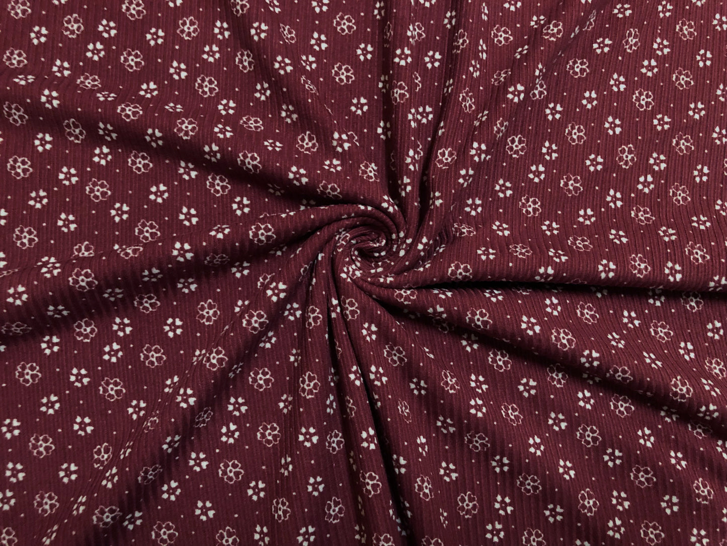 Burgundy White Clovers and Flowers Rayon Spandex Rib 2X2 Print Fabric