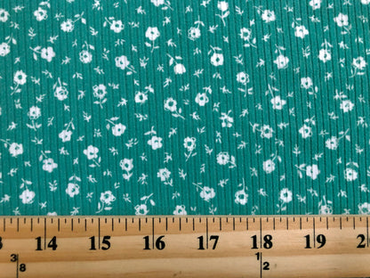 Green White 1/4" Buttercup Flowers Rayon Spandex Rib 2X1 Print Fabric