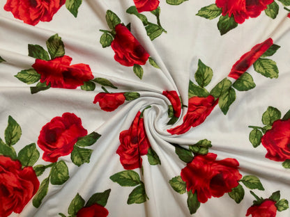 DTY Brushed Fabric-Ivory Red Green Roses-DTYBPR169-Sold by the Yard-Jersey Fabric