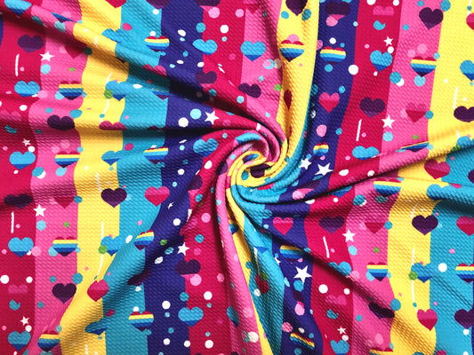 Bullet Knit Printed Fabric-Yellow Purple Aqua Rainbow Vertical Stripes-BPR165-Sold by the Yard