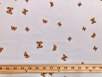 Ivory Brown 1" Butterflies Rayon Spandex Rib 2X2 Print Fabric