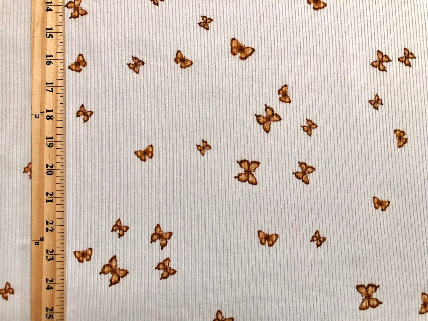 Ivory Brown 1" Butterflies Rayon Spandex Rib 2X2 Print Fabric